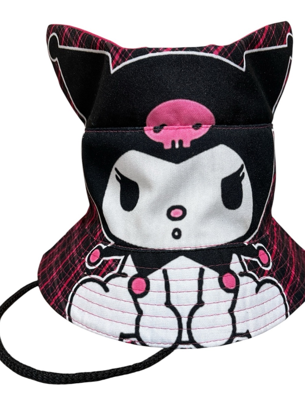 Kuromi Girls Hat Cap Bucket Sun Black Pink Plaid Anime Sanrio 3D Ears One Size